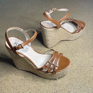 KORS Cognac Leather Jute Wrapped Platform Wedge Sandals 10